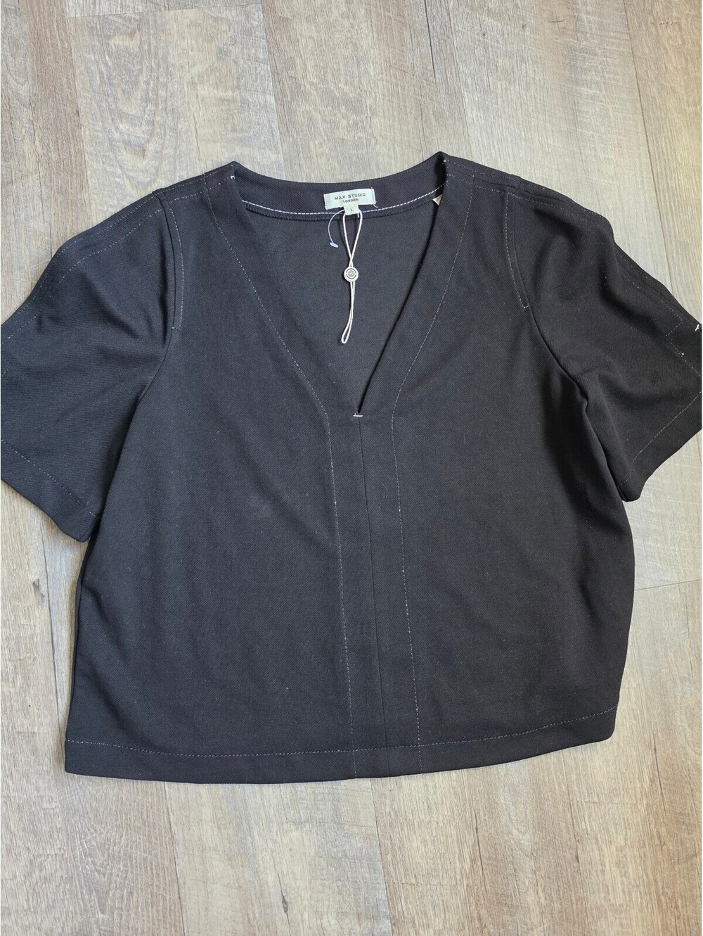 Max Studio London Black V-Neck Short Sleeve Blouse Size L